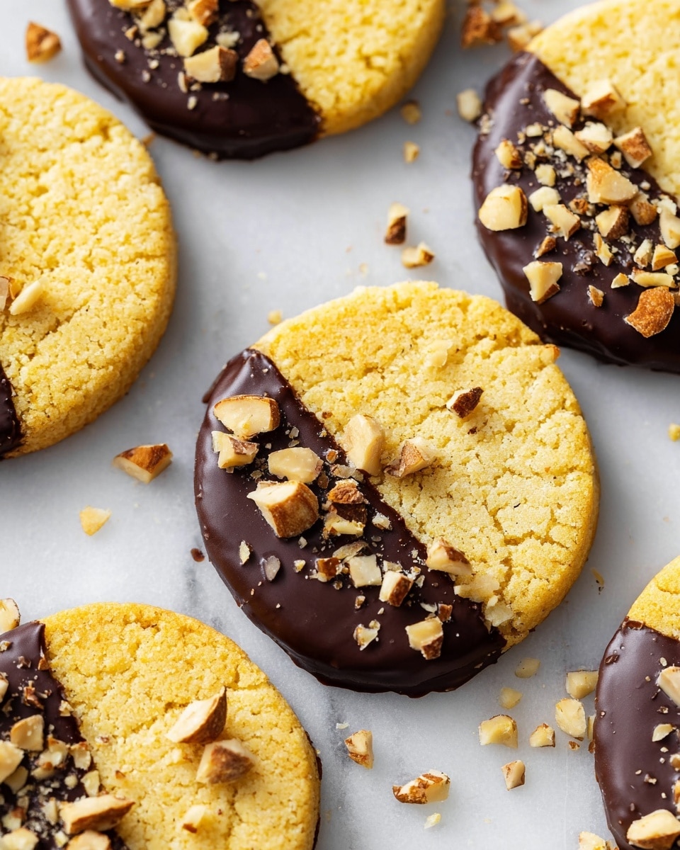 Round golden-yellow cookies with a crumbly texture, each dipped halfway in smooth, dark chocolate coating that looks glossy and rich. On top of the chocolate layer, small pieces of chopped light brown nuts are scattered, adding a rough texture. The cookies are placed on a white marbled surface with a few loose nut bits around them. Photo taken with an iphone --ar 4:5 --v 7