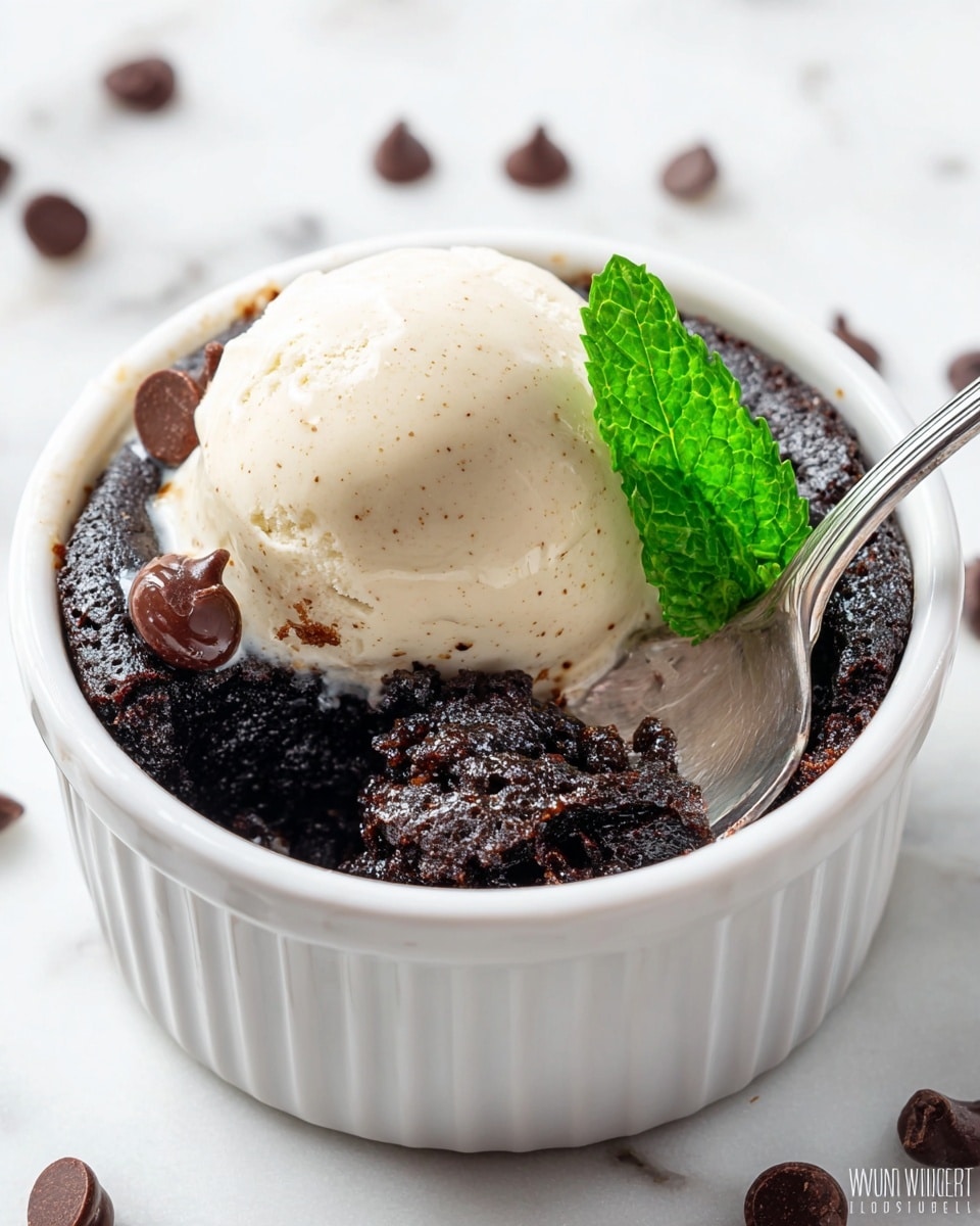 This image shows a white ribbed ramekin filled with a dark, moist chocolate cake with a shiny, slightly bubbly texture. On top of the cake, near the center, there is a smooth, creamy scoop of light beige vanilla ice cream with tiny dark specks. Scattered around the ice cream and embedded in the cake are several glossy chocolate chips. A fresh bright green mint leaf is placed on the right side of the ice cream for decoration. A silver spoon inside the ramekin scoops up some of the chocolate cake with a few chocolate chips on it. The ramekin is set on a white marbled surface with some chocolate chips scattered around. Photo taken with an iphone --ar 4:5 --v 7
