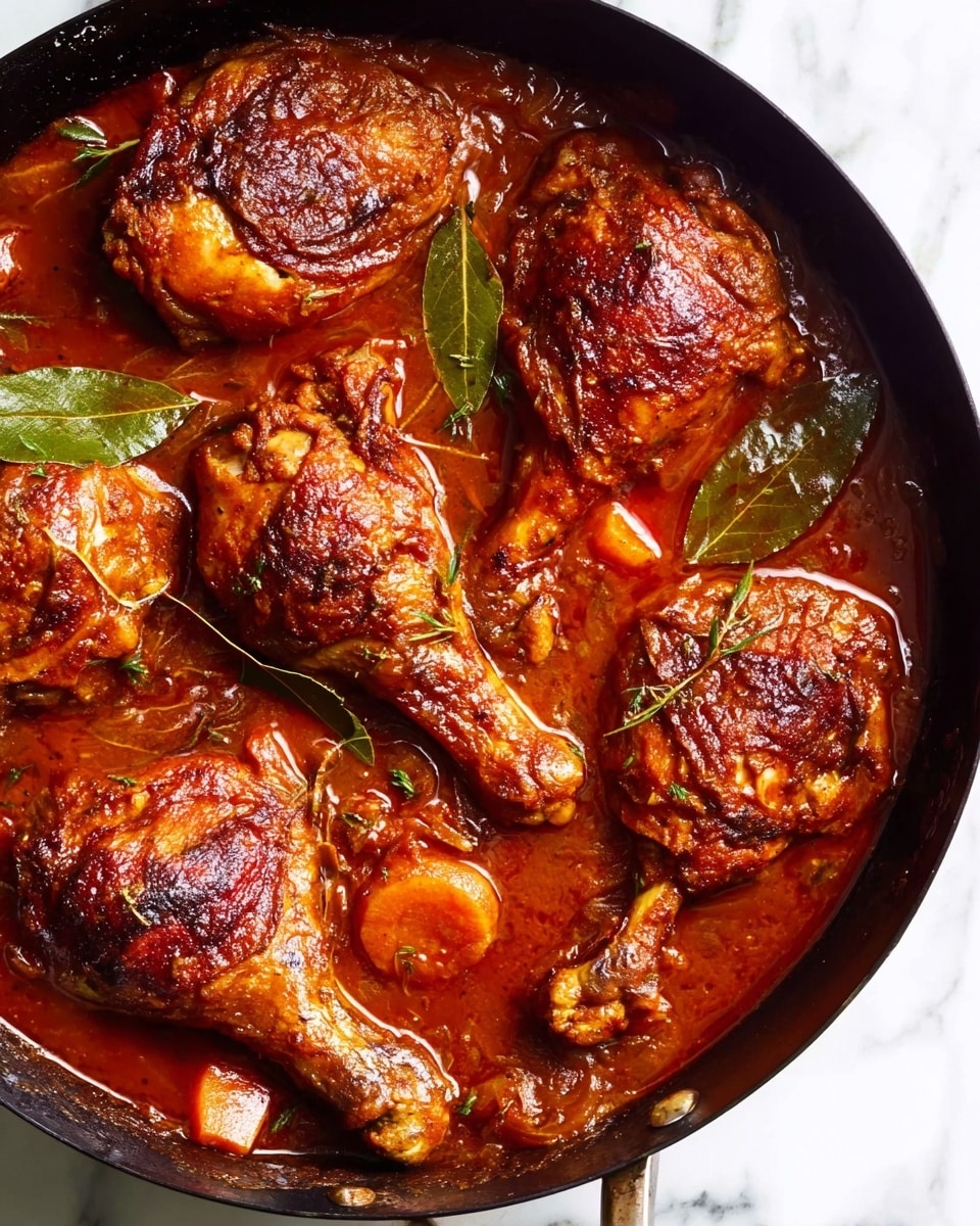 The image shows a black pan filled with six pieces of cooked chicken, including both drumsticks and thighs, all covered in a thick, rich reddish-brown sauce with a glossy texture. The chicken skin looks crispy and browned with some charred spots, while the sauce has visible chunks of carrots and herbs, including bay leaves, scattered around the chicken. The pan is placed on a surface with a white marbled texture. photo taken with an iphone --ar 4:5 --v 7