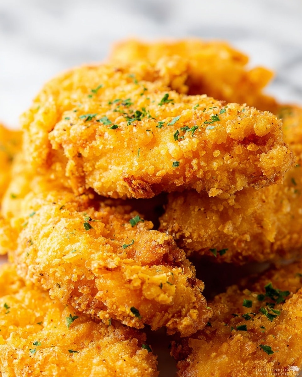 The image shows a close-up of golden-yellow fried chicken tenders with a crunchy, crumbly texture. Each tender is thickly coated with a crispy batter that looks light and flaky. The surface is sprinkled with small bits of chopped green herbs, adding a fresh contrast to the warm tones. The tenders are stacked on top of each other, showcasing their rough, uneven edges and crispiness. The background is a soft, white marbled surface that highlights the bright golden color of the chicken. photo taken with an iphone --ar 4:5 --v 7