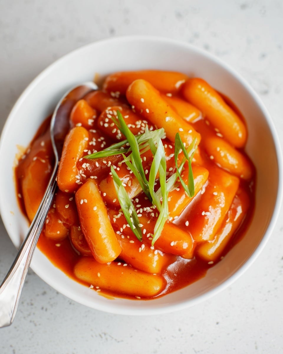 A white bowl filled with soft, cylinder-shaped rice cakes covered in a shiny, thick, red-orange sauce. The dish has scattered white sesame seeds on top and is decorated with thin, vibrant green slices of scallion leaves arranged in the center. A shiny silver spoon rests inside the bowl on the left side. The bowl sits on a white marbled surface, and the photo is taken close up to show detail and texture. photo taken with an iphone --ar 4:5 --v 7