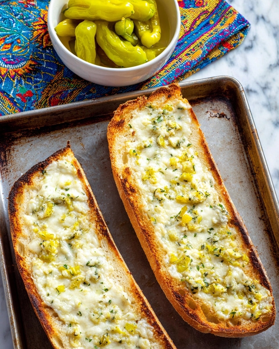 Two long slices of toasted bread lie on a metal baking sheet, each topped with a thick layer of melted white cheese mixed with small yellow pieces and green herbs. The bread edges are golden brown and crisp while the cheese layer looks creamy and slightly bubbly. In the upper left corner, a white bowl filled with bright yellow-green peppers sits on a colorful cloth with a detailed pattern, all set against a white marbled surface. Photo taken with an iphone --ar 4:5 --v 7
