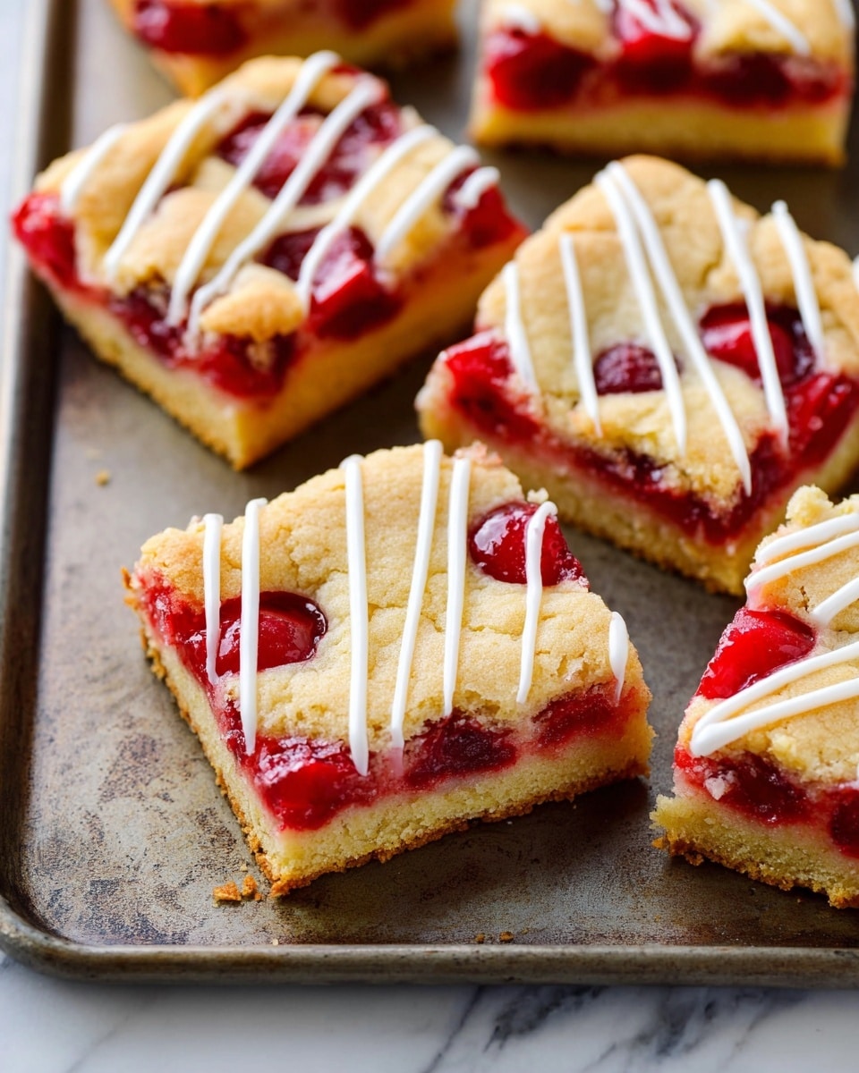 The image shows square pieces of cherry dessert bars arranged on a metal tray. Each piece has three layers: a golden-brown crust on the bottom, a thick layer of bright red cherry filling with visible cherries in the middle, and a light golden cookie-like top layer with a slightly cracked texture. The top layer is decorated with thin, white icing drizzled in diagonal lines across each bar. The tray is placed on a white marbled surface. photo taken with an iphone --ar 4:5 --v 7