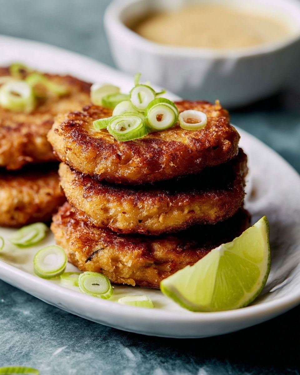 A stack of four golden-brown fried patties with a rough, crispy texture sits on a white oval plate. The top patty is garnished with thin slices of light green and white scallions. To the right of the stack, there is a fresh lime wedge, light green with juicy segments visible. In the blurred background, a white bowl filled with a pale yellow sauce can be seen on a white marbled surface. photo taken with an iphone --ar 4:5 --v 7