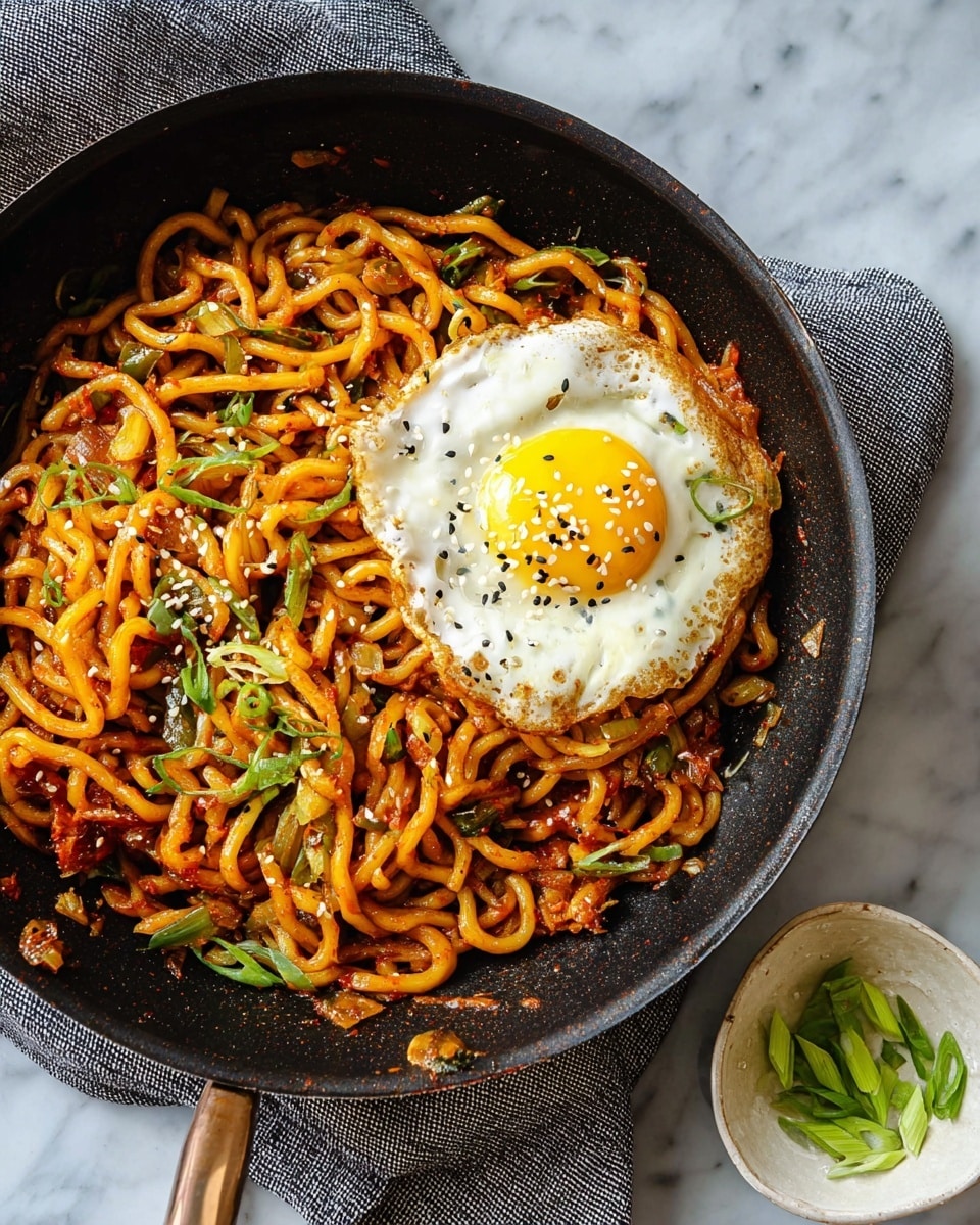 A black pan holds a dish of thick, twisted noodles coated in a reddish-brown sauce with bits of cooked vegetables mixed in, topped with thinly sliced green onions scattered over the noodles. On one side sits a sunny-side-up egg with a bright yellow yolk and slightly crispy white edges, sprinkled with white and black sesame seeds. The pan rests on a white marbled surface with a folded gray cloth beside it, and a small white bowl containing extra green onion slices partially shown in the corner. photo taken with an iphone --ar 4:5 --v 7
