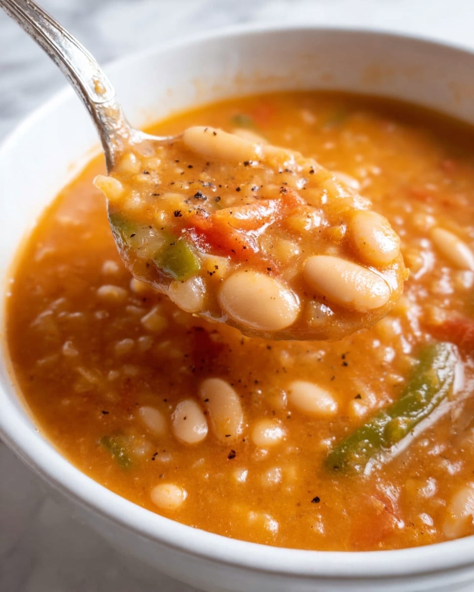 A close-up of a white bowl filled with thick orange-brown soup, showing many small white beans and bits of green and red vegetables mixed in, with some black pepper sprinkled on top; a metal spoon is lifting a spoonful of the soup, highlighting its creamy and chunky texture with beans clearly visible, all set on a white marbled surface. photo taken with an iphone --ar 4:5 --v 7