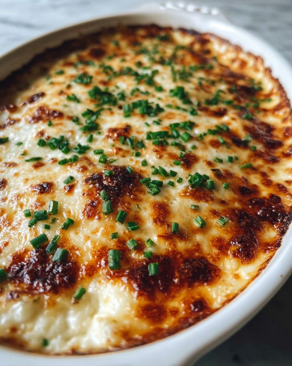 A close-up of a baked dish in a white oval ceramic dish, showing one thick golden-brown melted cheese layer on top with some darker toasted spots and a slightly bubbly texture. Small bright green chopped herbs are sprinkled evenly across the cheese layer, adding a fresh pop of color against the warm tones. The background is a white marbled surface, softly blurred to keep the focus on the rich, creamy, and crispy top layer of the dish. photo taken with an iphone --ar 4:5 --v 7