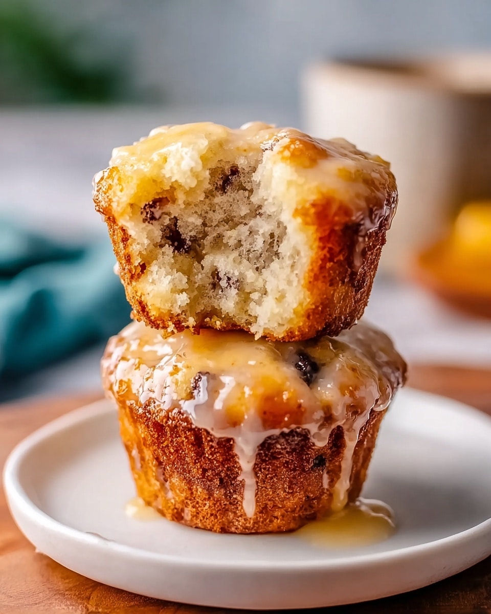 Two soft muffins are stacked on a white plate with one on top showing a bite taken out, revealing a light, fluffy inside with small dark spots. Both muffins have a shiny, golden glaze dripping down their sides, adding a sticky texture to the warm brown surfaces. The plate sits on a white marbled surface with blurred colors in the background. Photo taken with an iphone --ar 4:5 --v 7