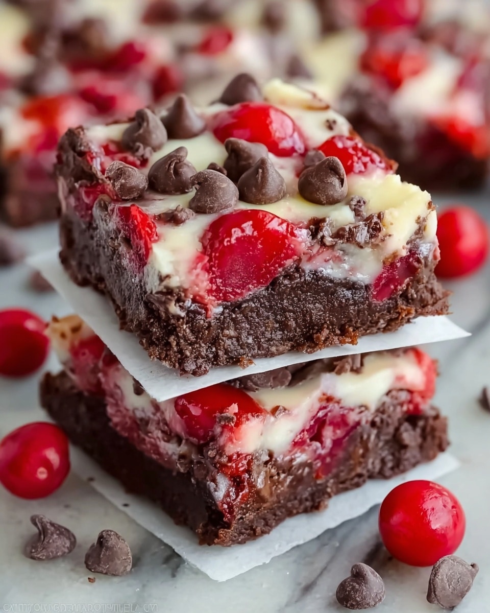 The image shows a close-up of two stacked dessert bars on small white paper squares. Each bar has a thick, dark brown chocolate base layer that looks crumbly, topped with a creamy white layer mixed with bright red cherry pieces and plenty of semi-melted chocolate chips scattered over the surface. The bars are shiny and moist, with the cherries adding a juicy texture and bright color. Around the stack, there are loose chocolate chips and whole red cherries on a white marbled surface. The focus is sharp on the top bar, highlighting the glossy mix of chocolate and cherries, while the background is softly blurred. Photo taken with an iphone --ar 4:5 --v 7
