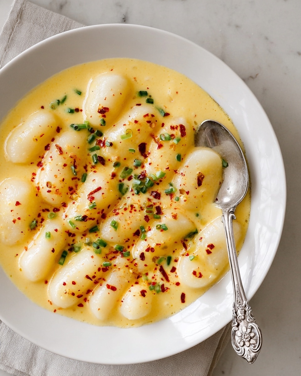 A white plate with creamy yellow sauce covering soft, white, cylindrical rice cakes arranged evenly in the sauce, sprinkled with small green chopped onions and red pepper flakes for color contrast, a silver spoon with floral patterns rests on the right side of the plate, all set on a white marbled texture surface. Photo taken with an iphone --ar 4:5 --v 7