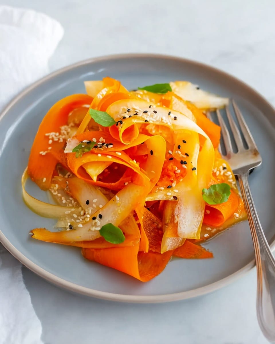The dish shows thin ribbons of orange and pale yellow vegetables, likely carrot and parsnip, arranged loosely in overlapping layers on a smooth, white plate. The ribbons are curly with a slightly translucent texture, some with black and white sesame seeds sprinkled on top. A few small bright green leaves add fresh color spots. There is a silver fork resting on the edge of the plate. The plate is set on a white marbled surface. photo taken with an iphone --ar 4:5 --v 7
