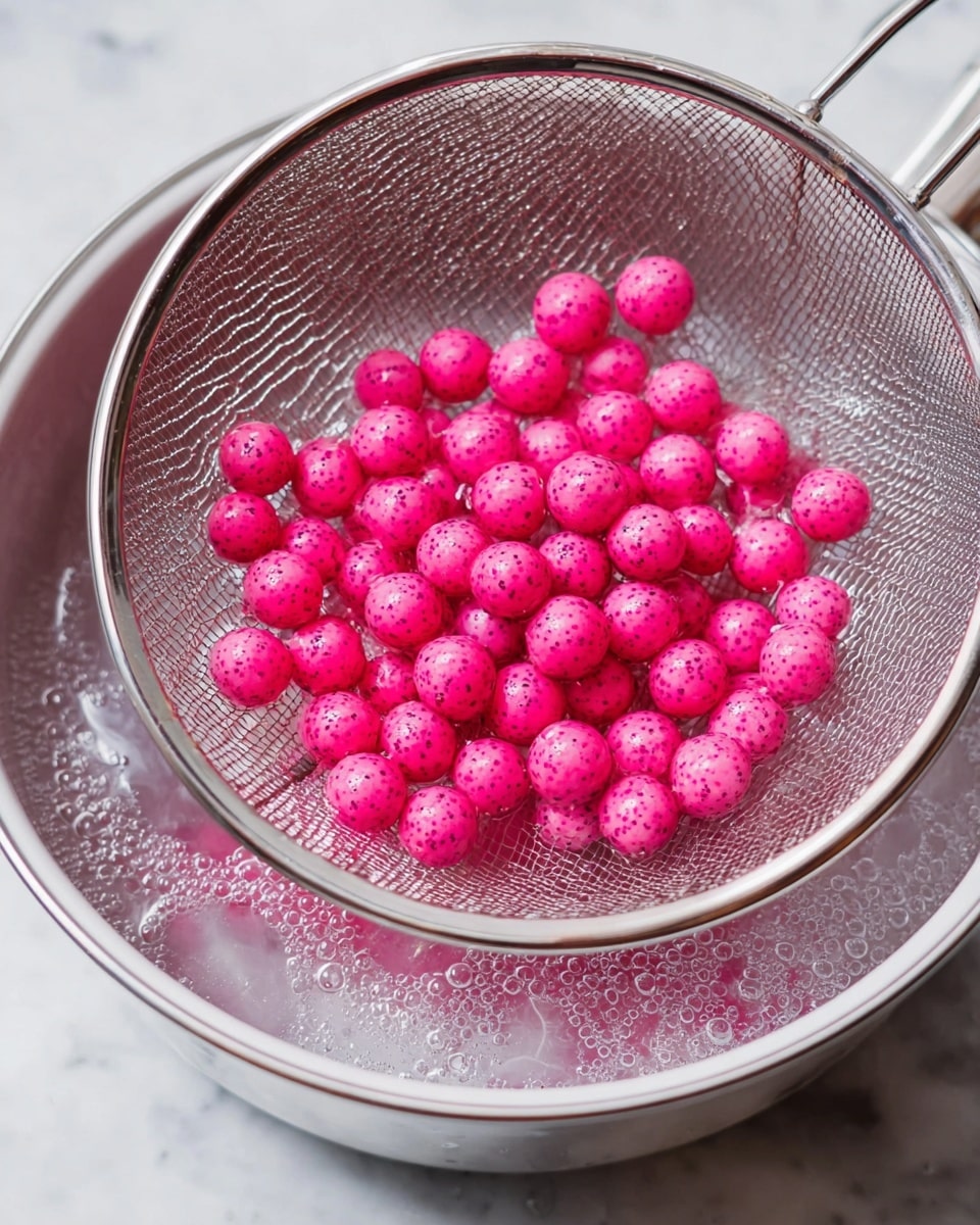 A metal round strainer with thin wires holds many small, bright pink balls speckled with tiny black spots. The strainer is positioned above a white bowl filled with clear boiling water, creating soft bubbles and steam around the edges. The metal handle of the strainer extends out of the frame. The whole setup is against a white marbled surface. photo taken with an iphone --ar 4:5 --v 7