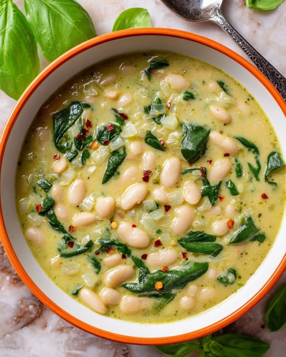 A close-up view of a thick soup in a white bowl with an orange rim, filled with creamy light green broth mixed with small white beans, wilted dark green spinach leaves, and translucent diced onions scattered evenly throughout. Tiny flecks of red chili flakes are sprinkled lightly on top, adding a touch of color contrast against the smooth, soft texture of the soup. The bowl is placed on a white marbled surface with fresh green basil leaves arranged casually around it, enhancing the fresh and wholesome look. photo taken with an iphone --ar 4:5 --v 7