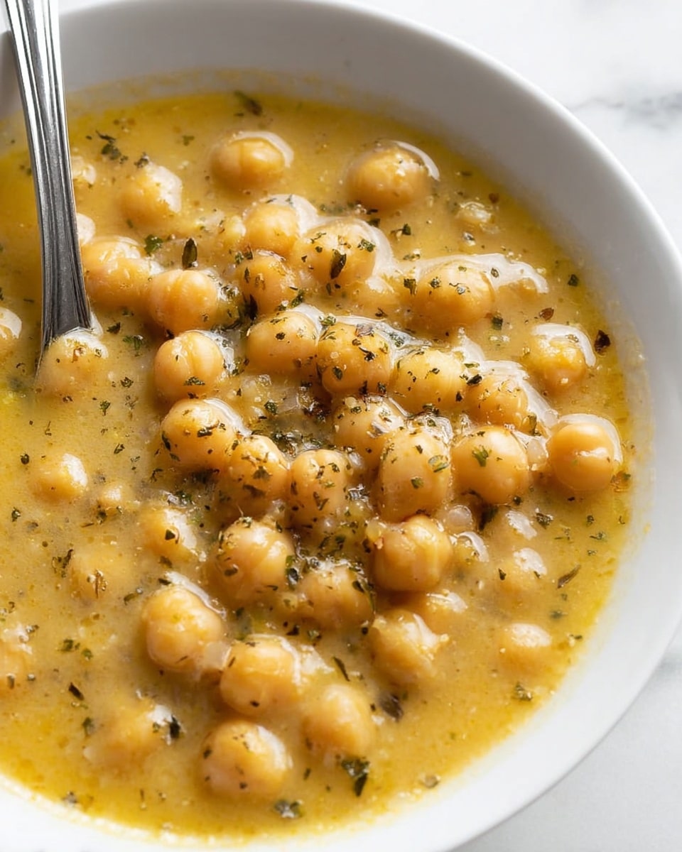 A close-up view of a white bowl filled with thick, golden-yellow chickpea soup. The soup shows many whole, soft chickpeas that are light orange-beige, sitting in a smooth, slightly oily broth with herbs sprinkled lightly on top, adding small green and black specks. A metallic spoon is partially visible on the left side, resting in the soup. The background is a white marbled surface. Photo taken with an iphone --ar 4:5 --v 7