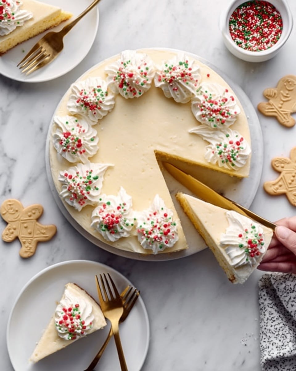 A round cake with smooth pale beige frosting is set on a white plate over a white marbled surface. The cake has one slice removed, revealing a soft, light yellow interior. Whipped cream swirls topped with red and green sprinkles evenly circle the edge of the cake. Two white plates each hold a slice of the cake, one slice cut into a triangle with smooth edges. Gold forks rest on the plates and a woman's hand is about to hold one fork. Small shortbread cookies shaped like gingerbread figures are scattered nearby, and a small white bowl with red and green sprinkles sits in the top right corner. photo taken with an iphone --ar 4:5 --v 7