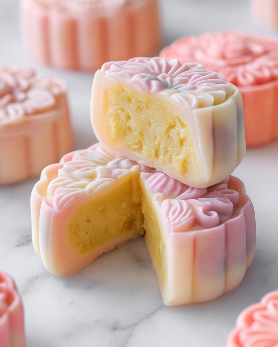 The image shows a close-up of a traditional mooncake with intricate flower patterns on its smooth, pale pink outer layer. The mooncake is cut in half, revealing a dense, crumbly yellow filling inside. The outer shell has subtle gradients of pink and white, with petals gently curving outward. The mooncake is placed on a white marbled surface, with other similar mooncakes softly blurred in the background. photo taken with an iphone --ar 4:5 --v 7