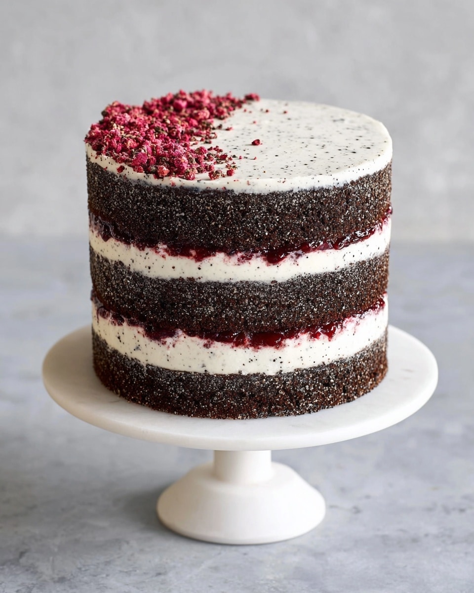 A tall, four-layer cake sits on a white cake stand with a smooth, round base against a white marbled texture background. The cake alternates layers of dark chocolate-like sponge and creamy white frosting with small black specks. Between the first, second, and third sponge layers are thin spreads of deep red jam mixed with the creamy frosting. The top of the cake is covered with a thick, smooth layer of the same white frosting with black specks, decorated with a diagonal line of crushed dried red berries and chocolate crumbs on one side. photo taken with an iphone --ar 4:5 --v 7