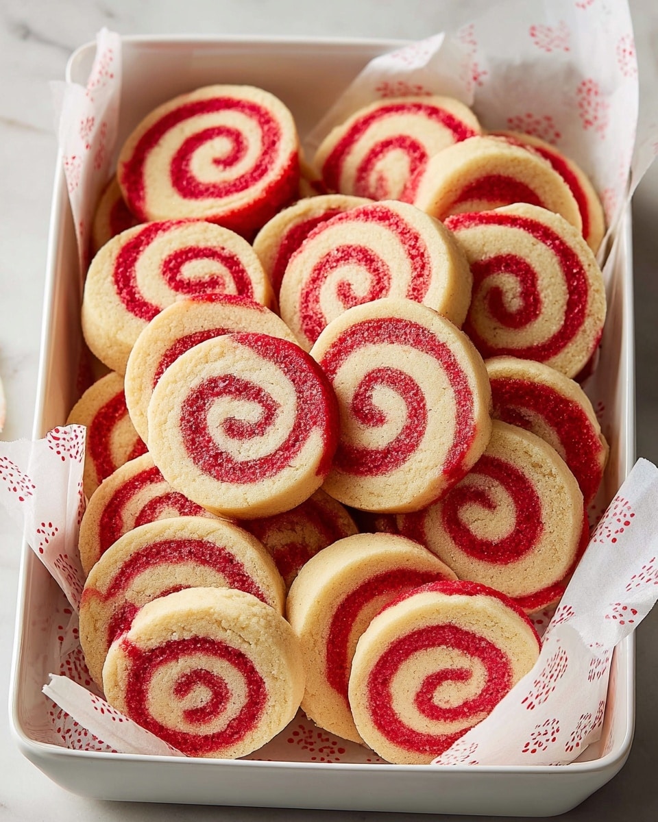 A white rectangular tray filled with many round cookies that have a swirl pattern. Each cookie has two layers spiraled tightly: one layer is creamy beige with a smooth, slightly crumbly texture, and the other layer is bright red with a soft, alternating look. The cookies are stacked unevenly, some overlapping others, and the tray is lined with white paper that has small red dots. The whole setup sits on a white marbled surface. photo taken with an iphone --ar 4:5 --v 7