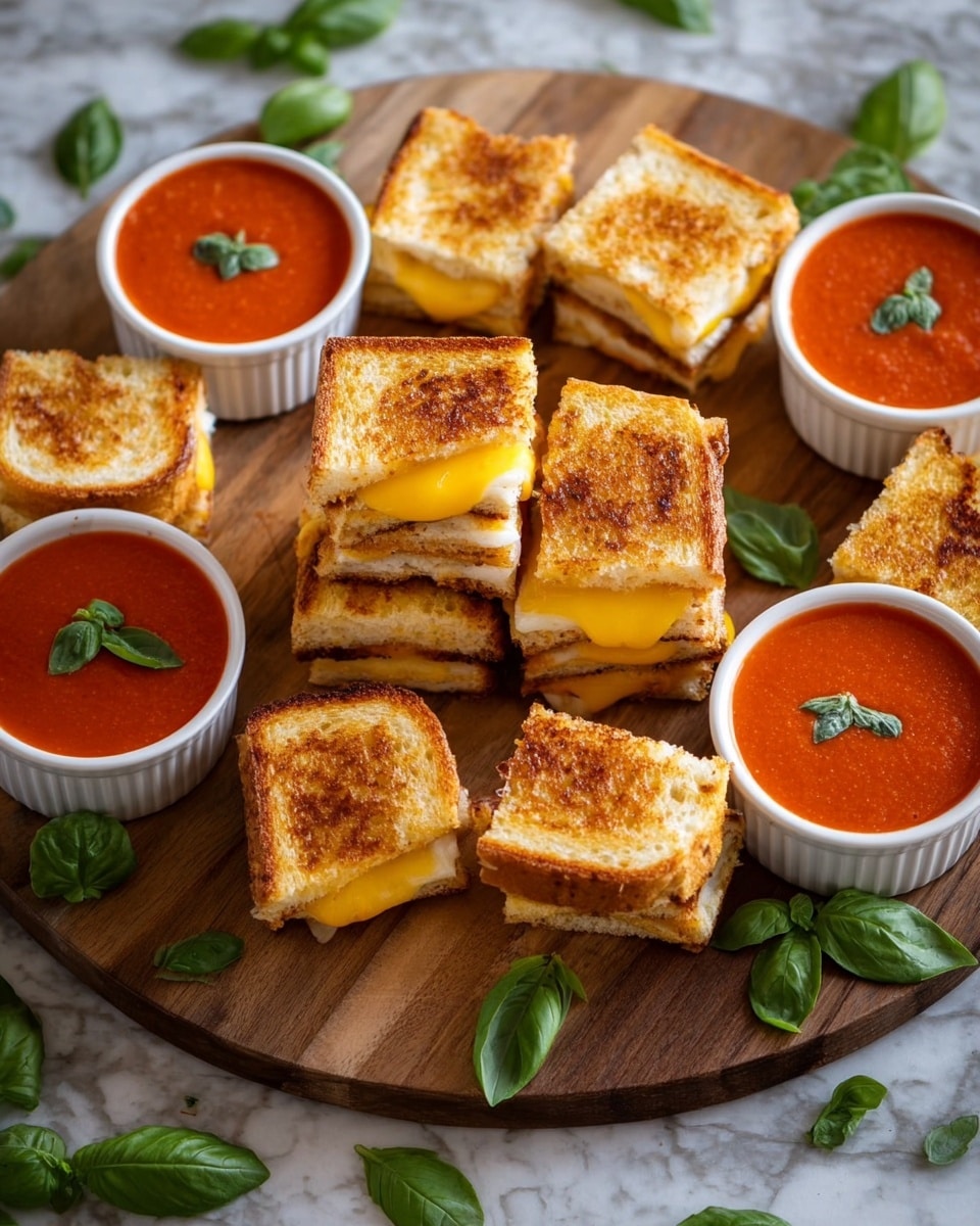 The image shows a wooden round board with many small grilled cheese sandwich squares stacked in the center. Each sandwich has two layers of golden brown bread with melted yellow cheese in the middle, showing a slightly gooey texture. Around the board are four small white ramekins filled with bright red tomato soup, each topped with a small green basil leaf. Fresh green basil leaves are scattered on and around the board, adding color contrast. The board is placed on a white marbled surface for the background. photo taken with an iphone --ar 4:5 --v 7