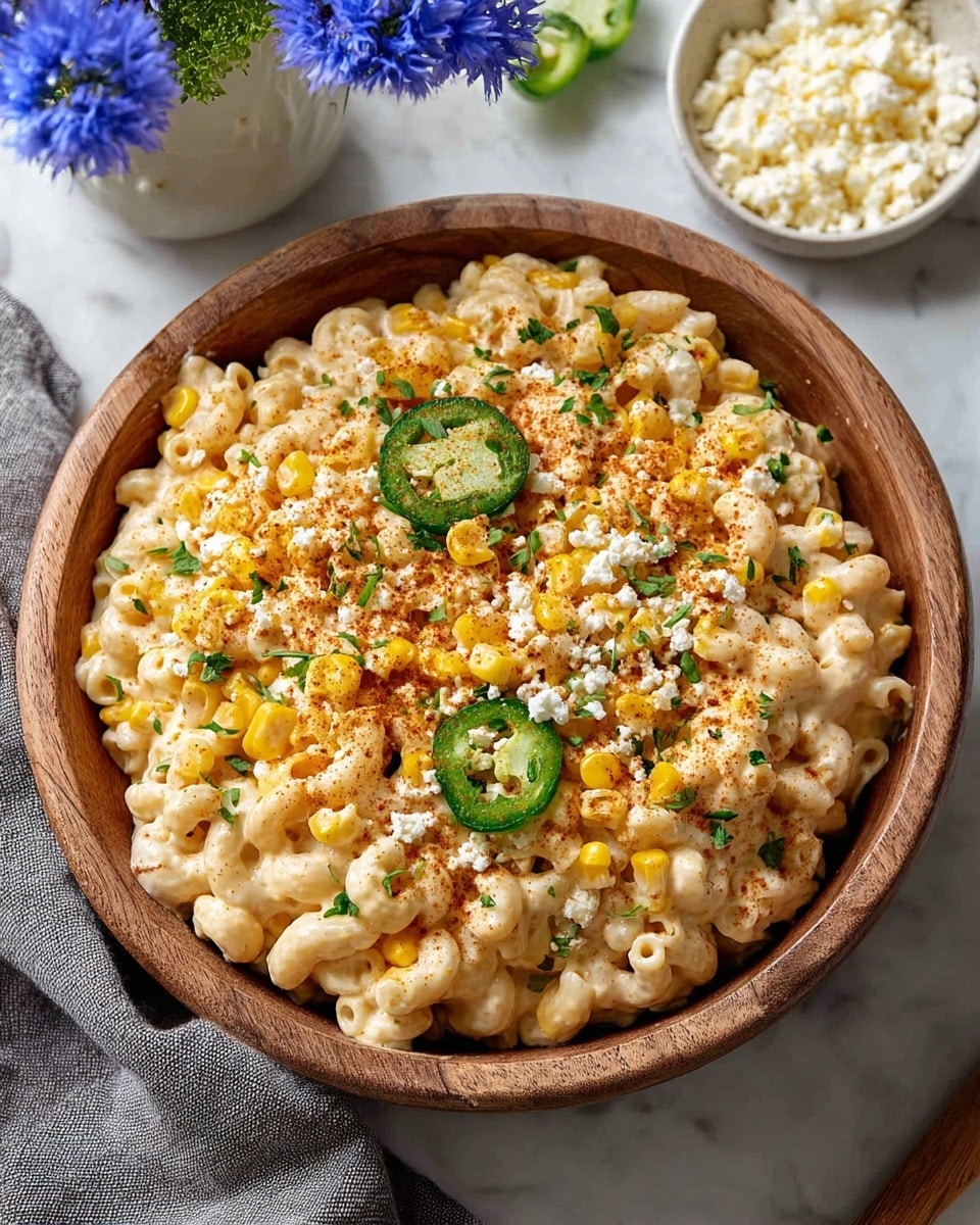 A large wooden bowl filled with creamy macaroni and cheese, topped with scattered bright yellow corn kernels, white crumbled cheese, chopped green herbs, and two slices of fresh green jalapeño pepper. There is a light dusting of reddish seasoning spread evenly on top. The bowl sits on a white marbled surface with a gray cloth nearby, a small white bowl with more crumbled cheese in the background, and a white vase with bright blue flowers also visible. photo taken with an iphone --ar 4:5 --v 7