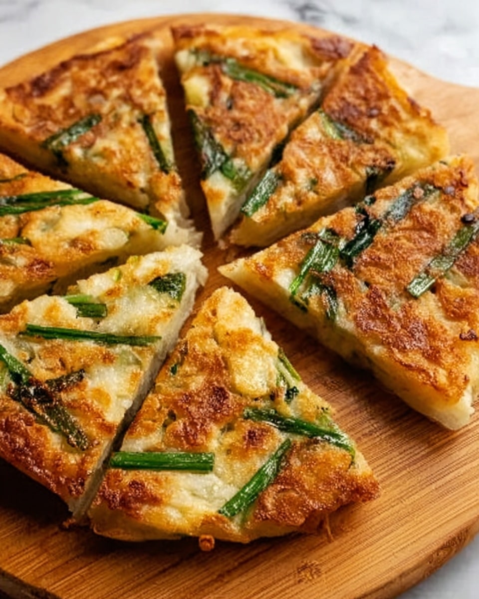 A round, golden-brown pancake is cut into six triangular slices, each topped with long, green onion pieces spread evenly over the surface, showing a slightly crispy and textured crust. The pancake sits directly on a wooden board with a white marbled background visible behind it. The layers of the pancake appear soft and slightly chewy inside, with green onions adding a fresh contrast to the warm, cooked dough. photo taken with an iphone --ar 4:5 --v 7