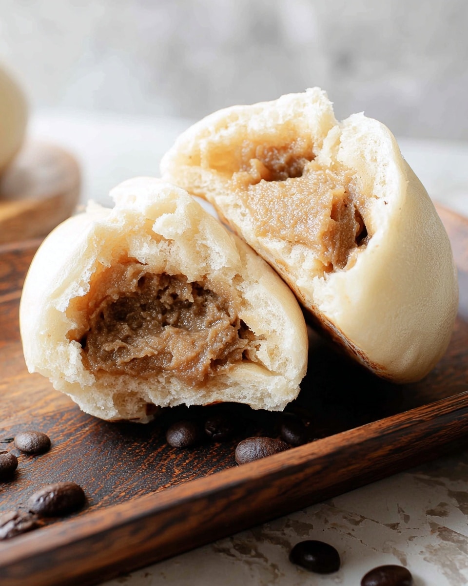The image shows a close-up of a soft, steamed bun torn open to reveal a thick, smooth light brown filling inside. The bun's dough is pale beige and fluffy with a slightly spongy texture, broken into two uneven parts. The filling looks dense and creamy, taking up the whole inside of the bun. The torn bun rests on a dark wooden tray with a few scattered dark brown coffee beans around it. The background features a white marbled texture. Photo taken with an iphone --ar 4:5 --v 7