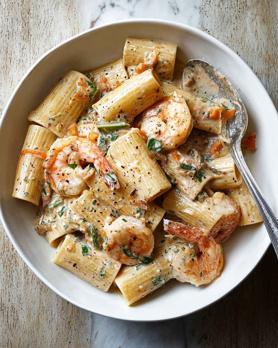 A white bowl filled with large tube-shaped pasta pieces coated in a creamy, light beige sauce with visible herbs and small bits of greens. Mixed throughout are several cooked shrimp with a pink-orange color, some with a light char on the surface, giving them a slightly crispy texture. Scattered small pieces of orange and green herbs add color contrast. A silver spoon rests on the right side of the bowl. The bowl is placed on a white marbled surface. photo taken with an iphone --ar 4:5 --v 7