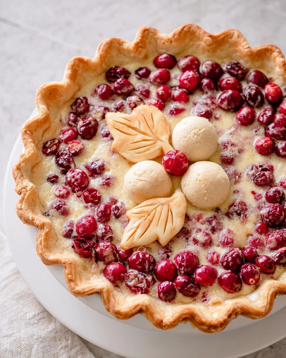 The image shows a pie with a golden brown crust that has a wavy edge. Inside the crust, there is a single layer of bright red cranberries, some slightly darker and looking juicy, floated in a bubbly light-colored filling. On top of the filling near one edge, there are three small round dough shapes and two leaf-shaped dough decorations with visible veins, all baked to a light golden color. The pie is placed on a white plate, set on a white marbled textured surface. Photo taken with an iphone --ar 4:5 --v 7
