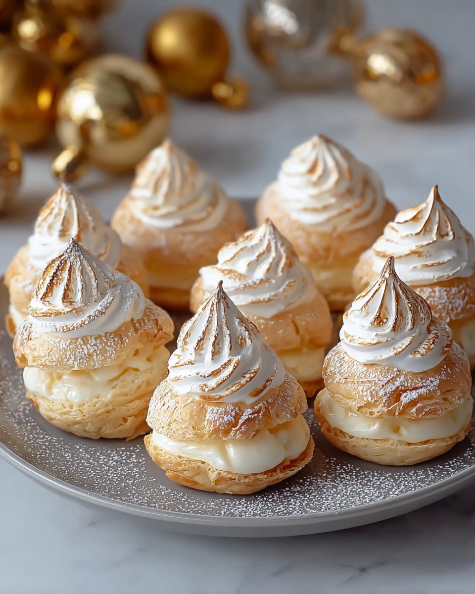 The image shows a round gray plate filled with eight small cream puffs arranged closely together. Each cream puff has a golden brown flaky bottom layer and a tall swirl of glossy white meringue on top, toasted to a light brown color with a peak at the very top. The plate and the base of the cream puffs are dusted lightly with powdered sugar. The background is soft and blurred, with golden spherical decorations in the distance, all placed on a white marbled textured surface. photo taken with an iphone --ar 4:5 --v 7