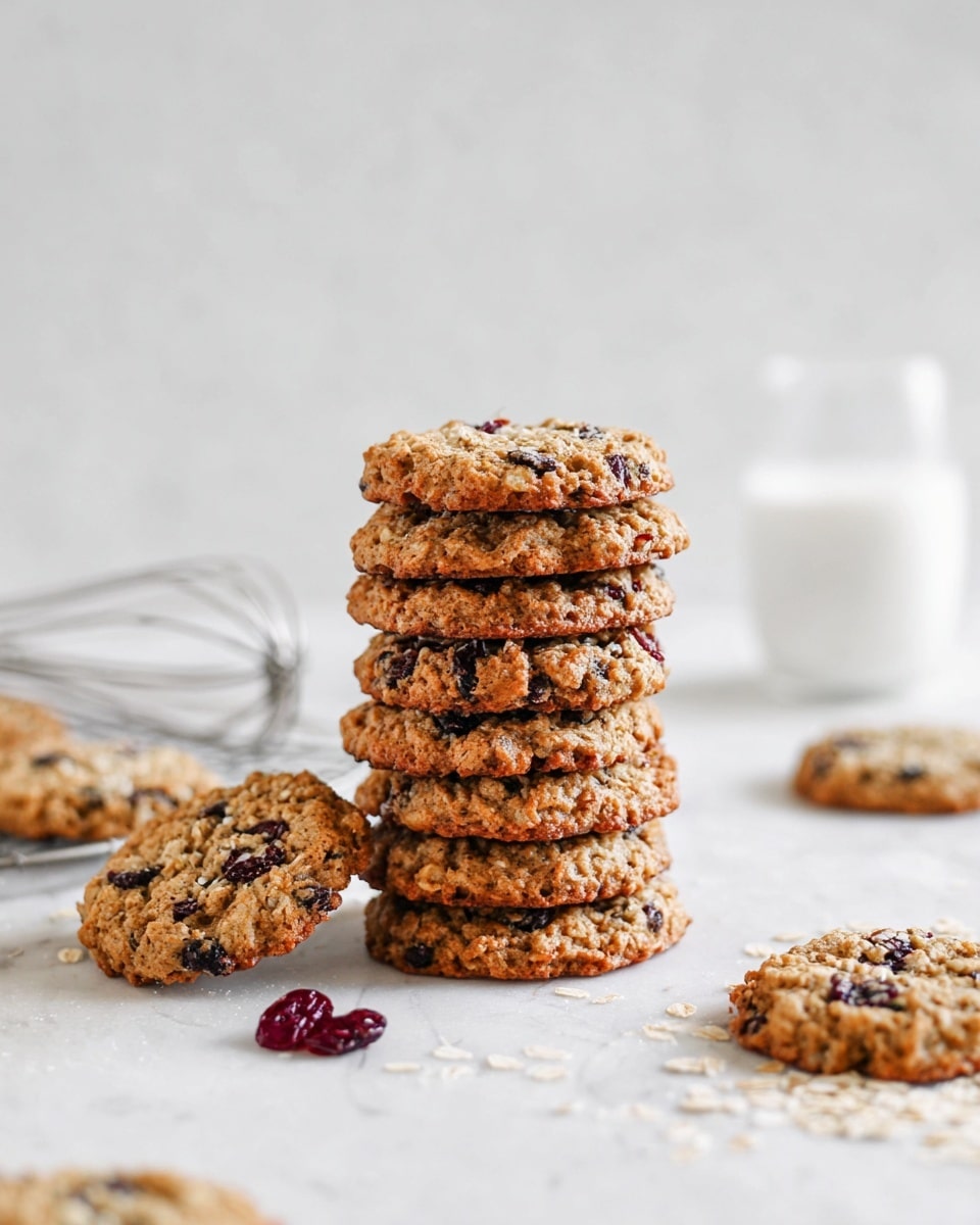 A stack of eight oatmeal cookies with visible oats and dark raisins is placed on a white marbled textured surface. The cookies have a rough and slightly cracked texture, with a golden-brown color and some dark spots from the raisins. Around the stack, several single cookies lie flat on the surface. A single dried dark red cranberry is near the front, and some loose oats are scattered around. In the blurred background to the right, there is a glass of milk and a white container partially visible, and on the left side, part of a metal whisk can be seen. photo taken with an iphone --ar 4:5 --v 7