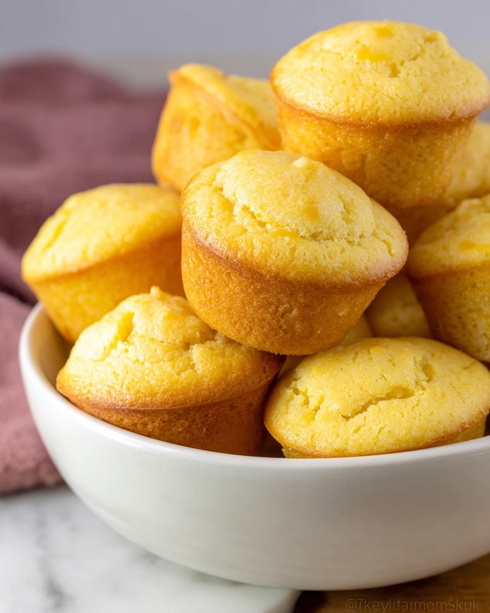 A deep white bowl filled with about twelve soft, golden-yellow cornbread muffins stacked on top of each other, showing a lightly cracked and crumbly texture on their rounded tops with some slight browning spots. The bowl is placed on a white cloth with blue stripes, all set on a white marbled textured surface. Photo taken with an iphone --ar 4:5 --v 7