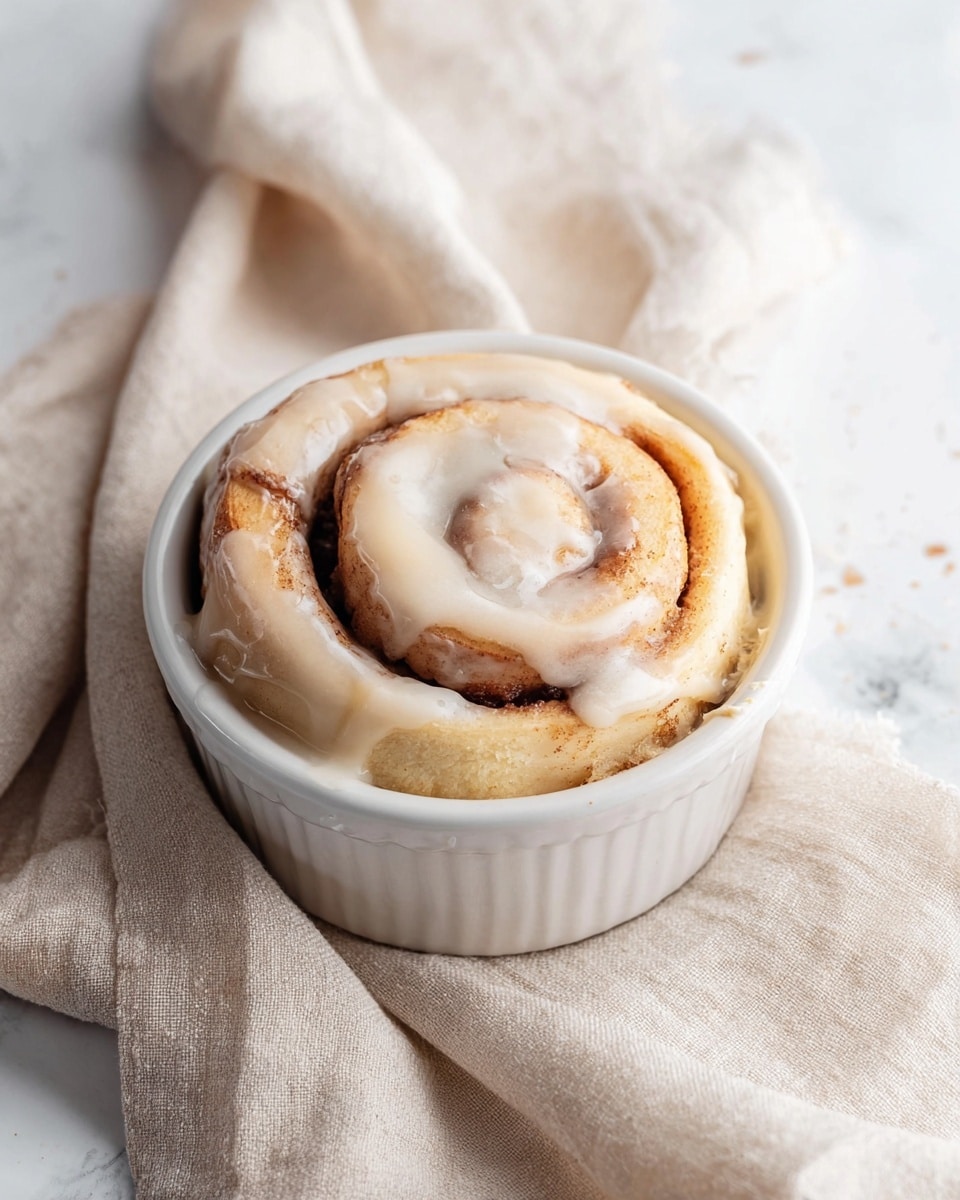 A single cinnamon roll sits inside a small white ramekin, showing its spiral shape with three visible spiraled layers of soft, light golden-brown dough. The top layer is covered unevenly with a creamy, off-white icing that fills some of the swirls and drips slightly down the sides. The ramekin rests on a loosely folded beige linen cloth, placed on a white marbled surface. Photo taken with an iphone --ar 4:5 --v 7
