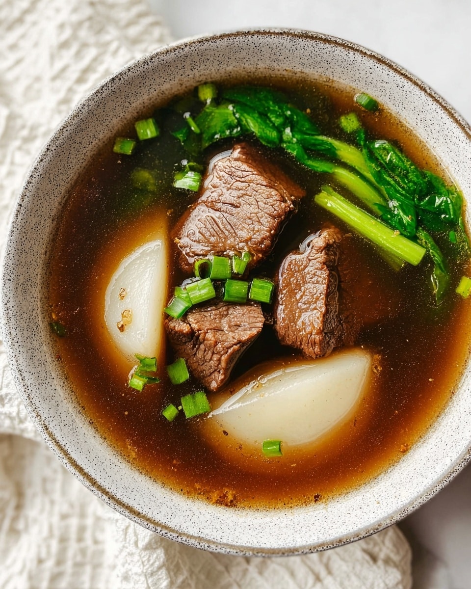 A close-up view of a bowl of clear brown soup containing three medium brown pieces of cooked beef and two light beige slices of radish resting side by side in the broth. Bright green chopped scallions are scattered on top of the beef and radish, adding a fresh contrast. The soup is served in a white ceramic bowl with a speckled gray rim, placed on a white marbled surface with a textured white cloth nearby. The overall image is bright and natural. photo taken with an iphone --ar 4:5 --v 7