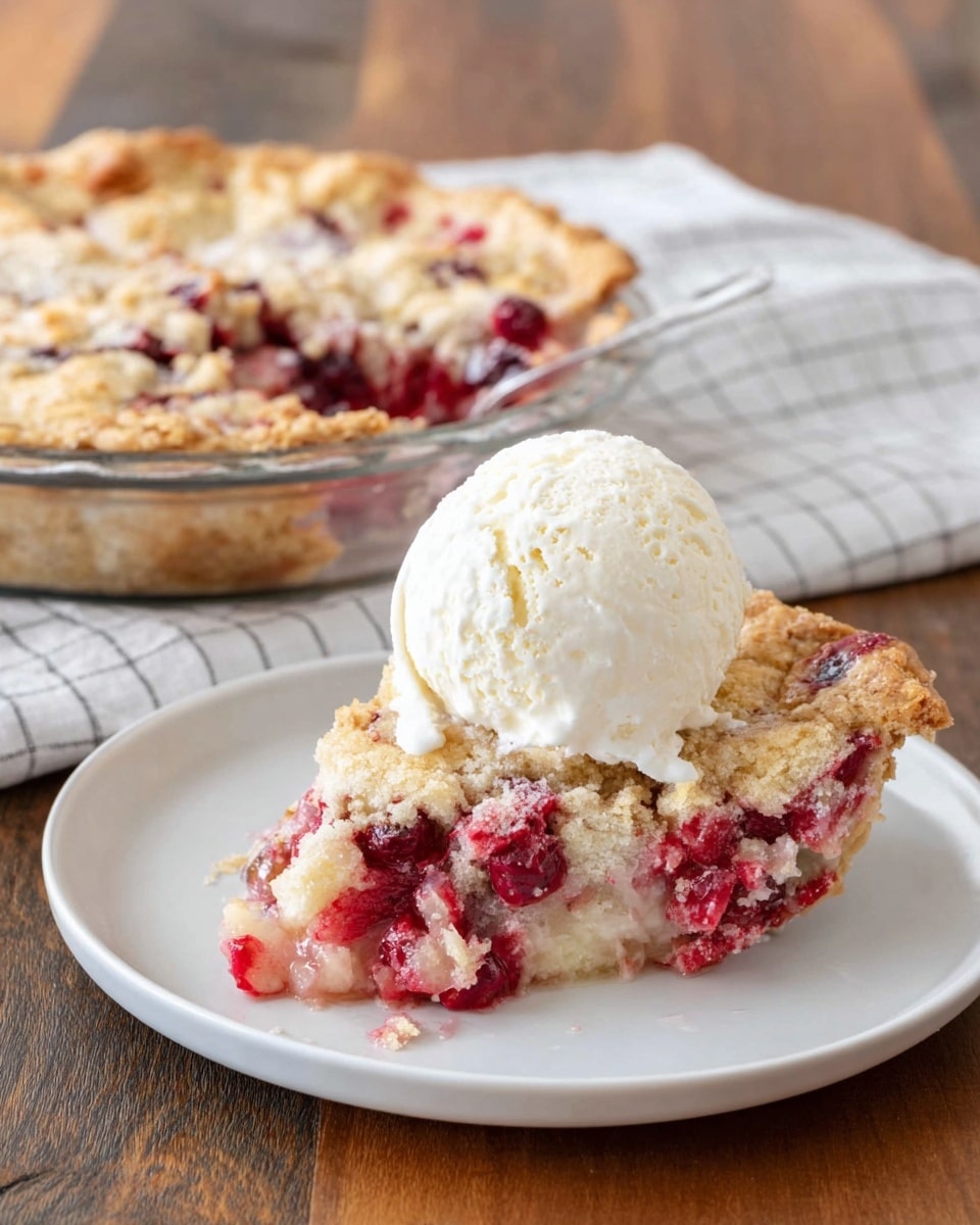 A slice of tart with a golden brown crumbly top layer, showing bright red berry pieces mixed inside the soft, pale crust, sits on a white plate. On top of the tart slice, there is a large scoop of creamy white vanilla ice cream with visible vanilla bean specks. In the background, the remaining pie in a clear glass dish displays the same crumbly golden topping with spots of red berries. The scene is set on a wooden surface with a light-colored, checked cloth nearby. Photo taken with an iphone --ar 4:5 --v 7