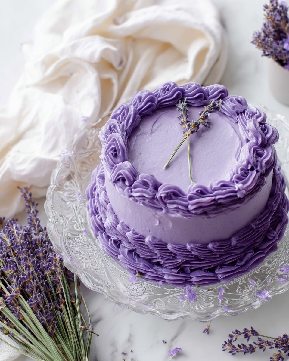 A small round cake covered in smooth purple frosting with two layers of wavy piped purple frosting around the top and bottom edges, each layer showing a rich creamy texture; on top, two small lavender sprigs rest in the center, adding a natural touch. The cake sits on a clear glass plate with ornate patterns, placed on a white marbled surface with a white cloth nearby, and a bunch of tied lavender flowers lies to the side. photo taken with an iphone --ar 4:5 --v 7