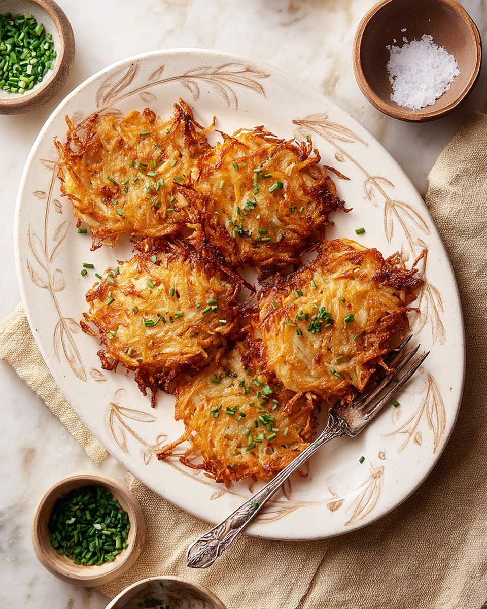 Five crispy golden-brown potato latkes are arranged on a white oval plate with a light brown leaf pattern. Each latke shows thin strands of fried potato with a crunchy texture and is sprinkled with small pieces of finely chopped green chives. A silver fork with an ornate handle lies on the lower right side of the plate. The plate is set on a white marbled surface with a beige cloth napkin underneath. Nearby, three small bowls hold salt, pepper, and extra chopped chives, adding earthy and fresh green accents to the scene. Photo taken with an iphone --ar 4:5 --v 7