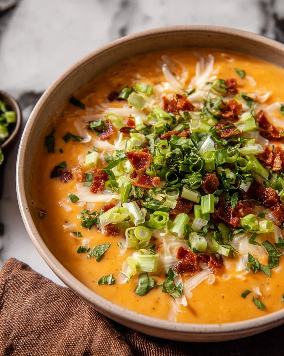 A bowl filled with creamy orange soup forms the base layer, smooth and thick, covering the entire bottom. On top of this, there is a sprinkling of shredded white cheese, unevenly spread, showing soft, thin strips. Scattered next are small pieces of crispy browned bacon, adding a crunchy texture. The dish is then topped with a generous amount of light green sliced scallions, giving a fresh look, and garnished with finely chopped bright green herbs, adding a lively touch at the center. The bowl is a neutral beige color, placed on a white marbled surface with a brown cloth nearby. photo taken with an iphone --ar 4:5 --v 7