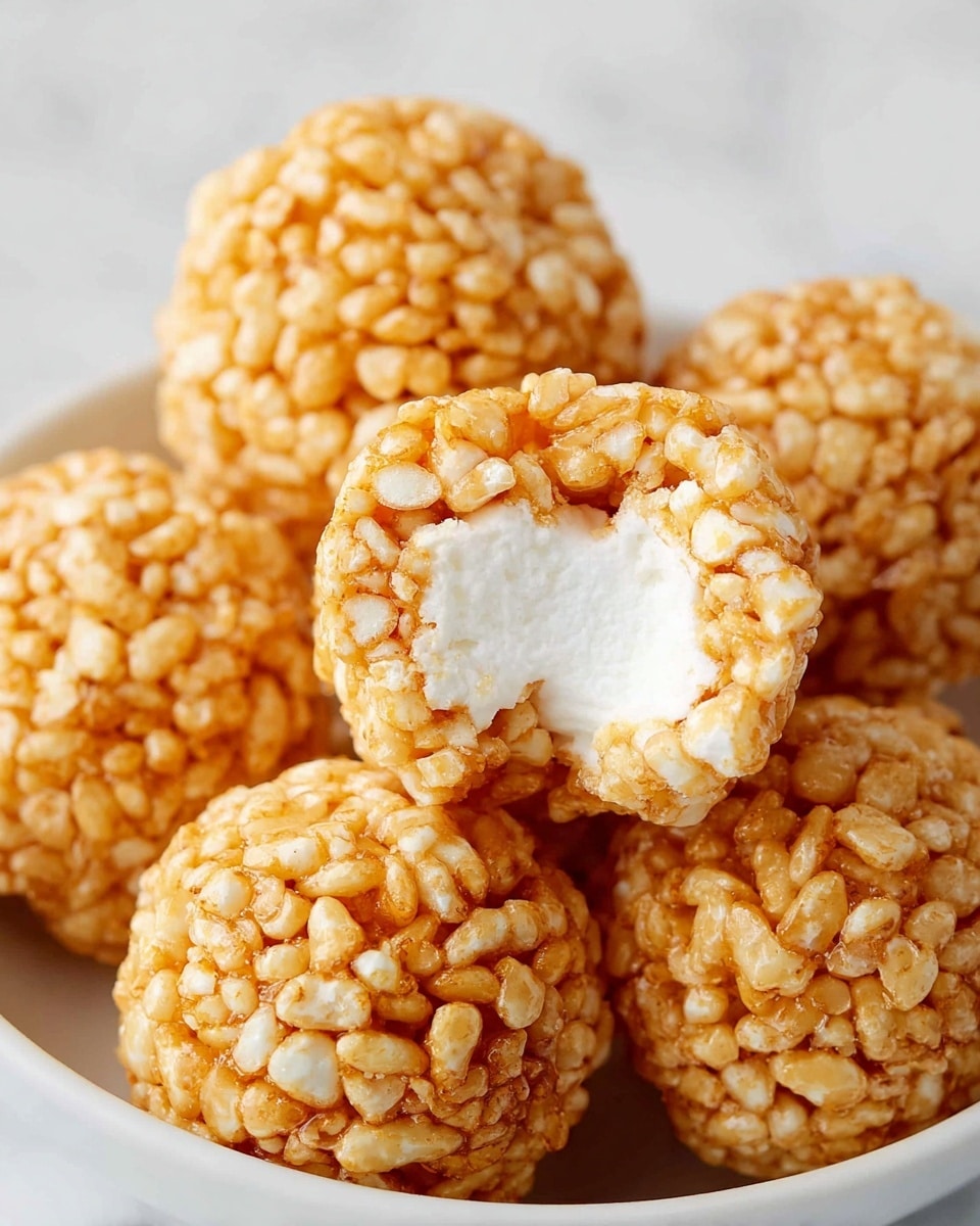 A close-up image shows several round treats piled in a white bowl, each treat made of a crispy, light brown puffed rice outer layer with a crunchy texture. One treat is bitten, revealing a soft, white, fluffy marshmallow center inside the crispy rice shell. The overall look is a mix of crunchy and soft textures with warm light brown and white colors displayed on a white marbled surface. photo taken with an iphone --ar 4:5 --v 7