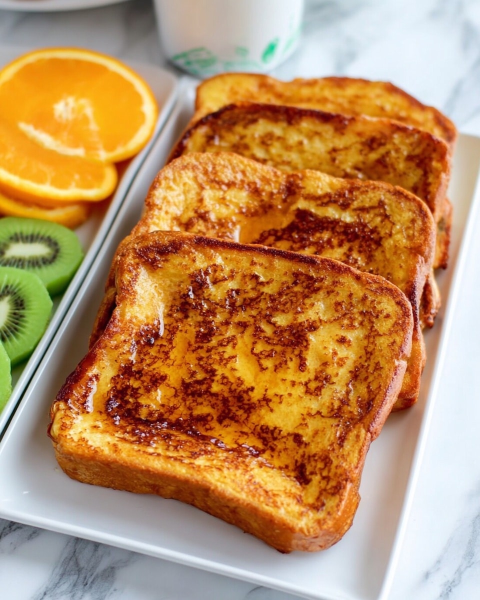 Four slices of French toast are stacked slightly overlapping on a white rectangular plate, each slice showing a golden-brown, crispy texture with darker spots from caramelization. The surface of the toast looks slightly shiny as if glazed with syrup or butter. In the top left corner of the image, part of another white rectangular plate is visible, holding a halved orange with bright orange flesh and several thin kiwi slices with bright green flesh and small black seeds, all resting on a white marbled surface. Photo taken with an iphone --ar 4:5 --v 7