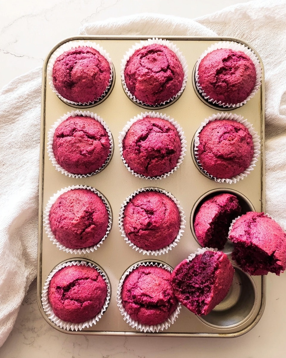The image shows a baking tray filled with ten small muffins that are deep pink in color, each nestled in white paper liners. Most muffins are whole with a bumpy and cracked top texture, while two muffins on the bottom right are broken into pieces, revealing a soft and moist interior with the same deep pink color. The tray is light beige and sits on a white marbled surface. A white cloth is visible at the top edge of the tray, adding a soft touch to the scene. photo taken with an iphone --ar 4:5 --v 7