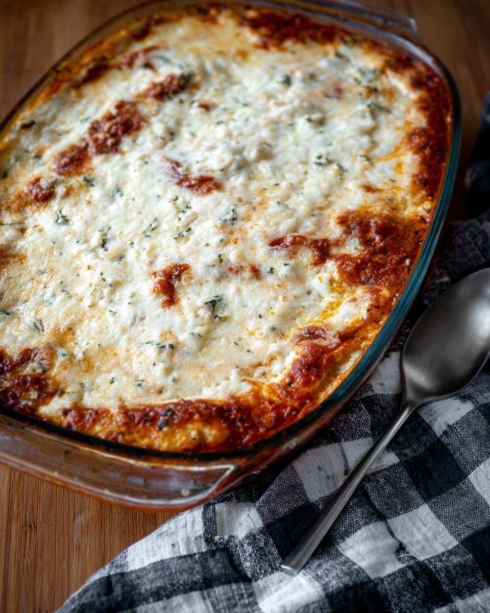A glass baking dish filled with a baked layered dish, showing a top layer of golden and white melted cheese with some browned and reddish spots of baked sauce. The dish has visible herbs mixed in the cheese layer and is set on a wooden surface next to a silver spoon and a black-and-white checkered cloth. The texture of the top layer looks creamy and slightly bubbly from baking. photo taken with an iphone --ar 4:5 --v 7