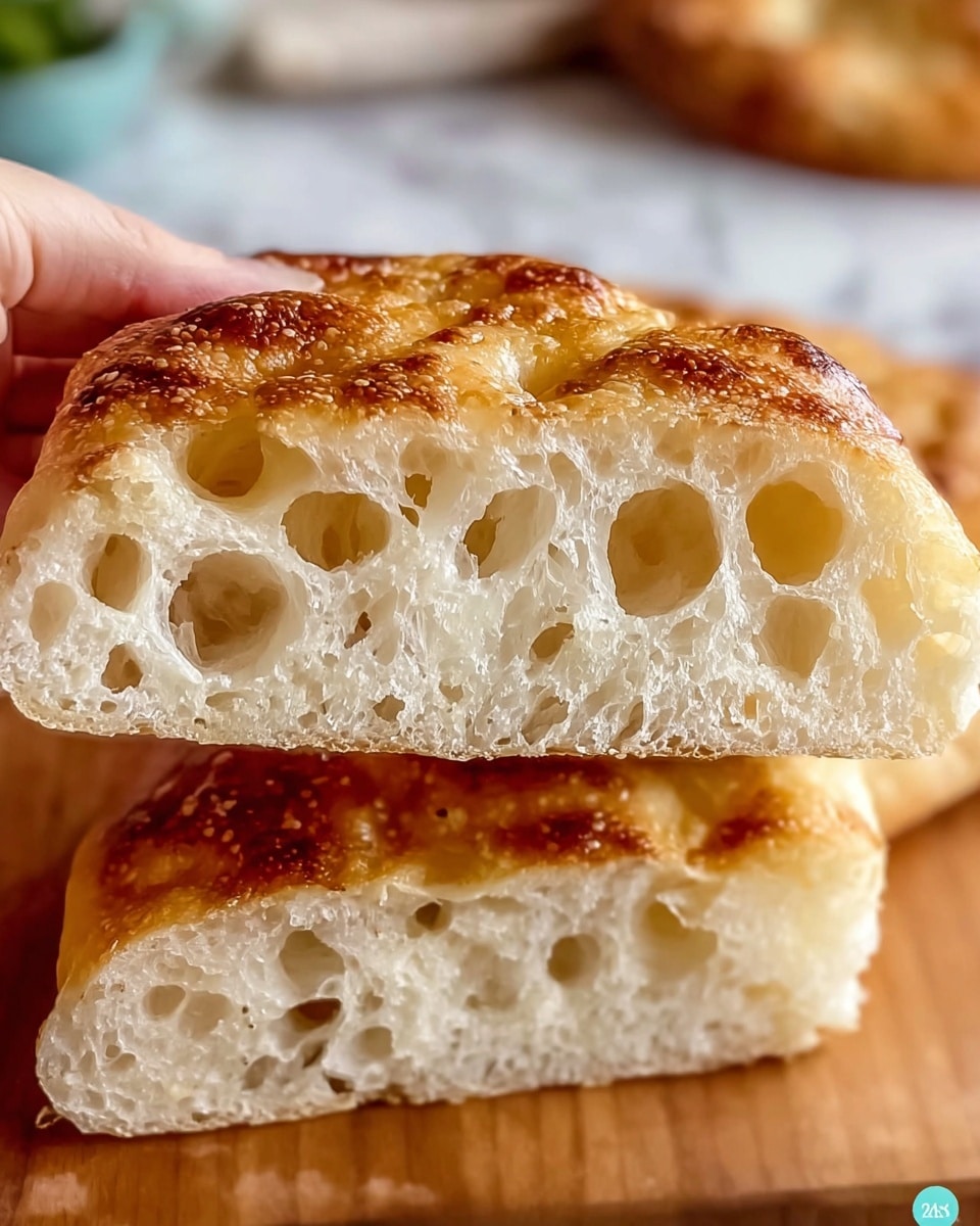 The image shows a close-up of a piece of bread being held by a woman's hand with another piece beneath it. The bread is light golden brown on top, with a slightly crispy and shiny crust peppered with small toasted spots. Inside, the bread has a soft, airy texture with many large, round holes and a white, fluffy interior. The bread's surface looks slightly uneven, with visible bubbles and a light sheen from baking. The background is softly blurred, resting on a white marbled texture. Photo taken with an iphone --ar 4:5 --v 7