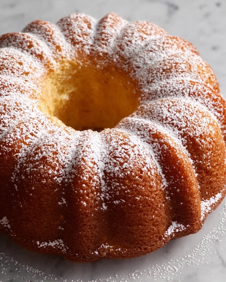 A golden brown Bundt cake with a soft, slightly shiny crust sits on a white marbled surface, dusted lightly and evenly with powdered sugar that highlights the ridges and grooves of the cake’s round shape with a hole in the center. The cake has one visible thick layer, and the texture looks moist and tender with a smooth finish. photo taken with an iphone --ar 4:5 --v 7