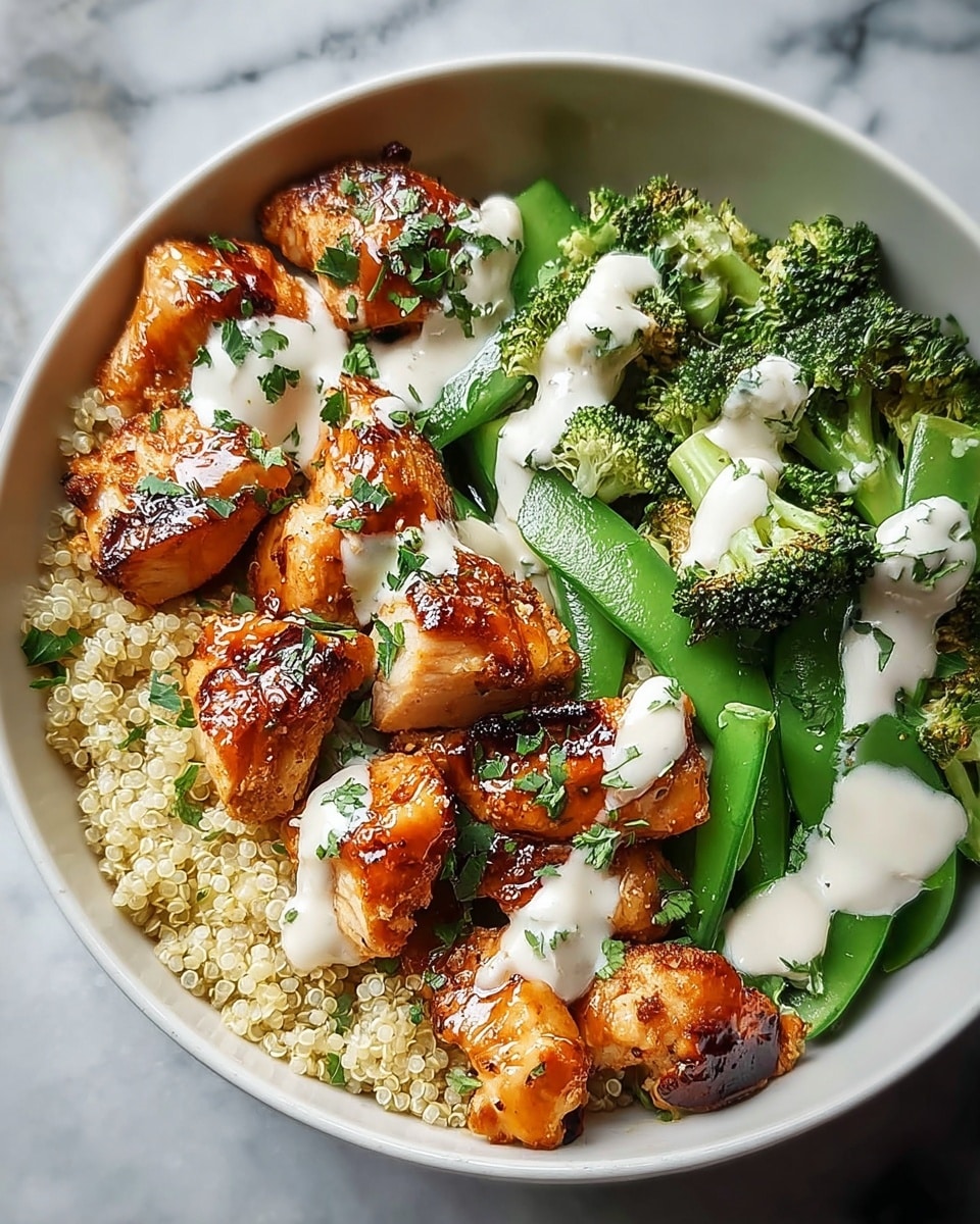 A white bowl holds this dish with three clear layers: the bottom layer is fluffy, pale yellow quinoa forming a grainy base; the middle layer on one side is bright green broccoli florets and thick green snap peas with a creamy white sauce drizzled unevenly over them; the top layer covers the other side with glossy, golden-brown grilled chicken pieces that have a caramelized glaze and are sprinkled with fresh green herbs. The bowl sits on a white marbled surface with a soft light showing the shiny textures. photo taken with an iphone --ar 4:5 --v 7