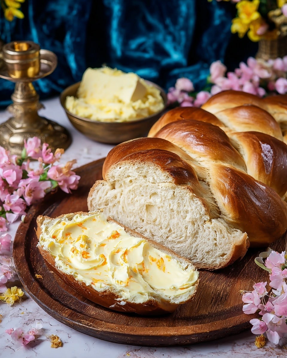 A braided golden-brown loaf of bread sits on a round wooden board, partially sliced with six pieces visible. The first slice in the front is thickly spread with a creamy, pale yellow butter that has flecks of orange throughout, adding texture and color. Surrounding the board are soft pink and bright yellow flowers, and a bowl of pale yellow butter is blurred in the background. The setting includes a rich blue, soft fabric and a brass candle holder, all placed on a white marbled textured surface. photo taken with an iphone --ar 4:5 --v 7