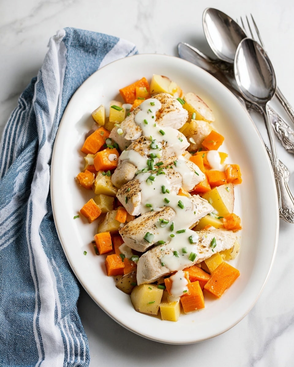 A white oval plate holds a meal with two layers: the bottom layer is a mix of cubed orange carrots and yellow potatoes, cooked with a soft texture, spread evenly to cover the plate base. On top lie four pieces of cooked white chicken breast, slightly browned, laid out in a row. A white creamy sauce is drizzled over the chicken and vegetables, with small green chive pieces sprinkled on top. The plate is placed on a white marbled texture surface, with a silver fork and spoon set to one side and a folded blue and white striped cloth napkin in the background. Photo taken with an iphone --ar 4:5 --v 7