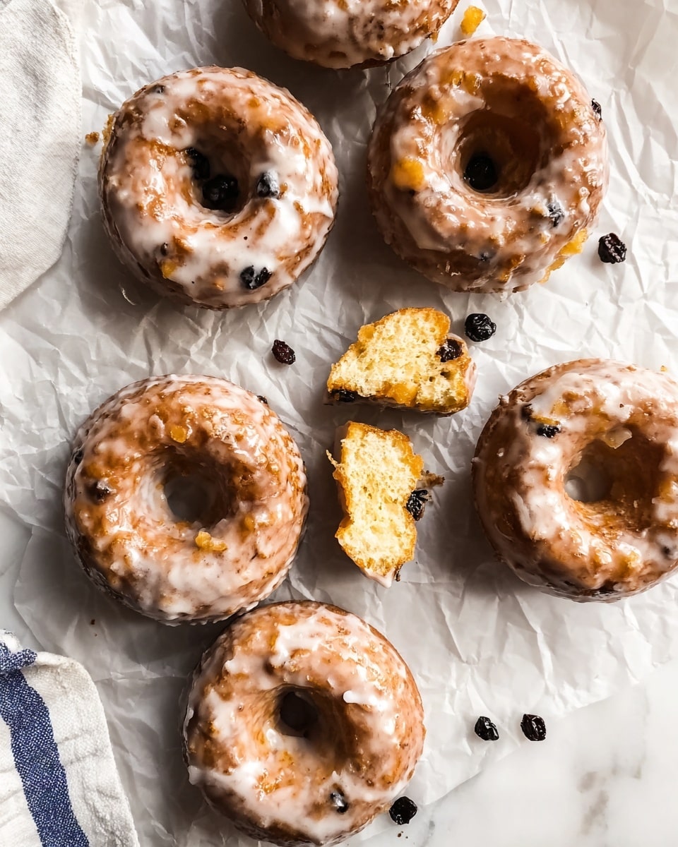 The image shows six glazed donuts with a rough, golden-brown surface covered in a shiny white glaze. The donuts have a ring shape with a hole in the middle, and their texture looks crispy and crunchy. One donut is broken into two pieces, showing a soft, light yellow inside with small dark spots that are likely raisins or blueberries. The donuts are placed on crumpled white parchment paper over a white marbled surface. Small dark dried berries are scattered around the donuts. Part of a white cloth with blue stripes is visible in the corner. photo taken with an iphone --ar 4:5 --v 7