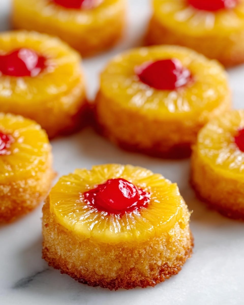 The image shows several pineapple upside-down mini cakes arranged closely on a white marbled surface. Each cake has three clear layers: the bottom layer is golden and slightly shiny, looking like moist cake; the middle layer is a bright yellow pineapple ring with a juicy texture; topped at the center of the pineapple ring is a glossy, bright red maraschino cherry that adds a pop of color. The cakes have a smooth texture with a light golden crust around the edges, and the lighting highlights the shiny glaze on the pineapple and cherry. photo taken with an iphone --ar 4:5 --v 7