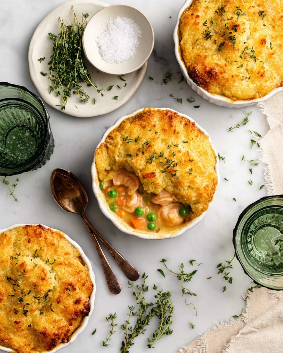 The image shows three white small casserole dishes filled with a golden-brown baked topping that looks crisp and slightly uneven with small green herb sprinkles on top. The top layer is thick and textured, covering a creamy orange stew visible in one open dish, where you can see green peas, orange carrot chunks, and pieces of shrimp beneath the crust. A bronze-colored spoon rests next to the open dish on a white marbled surface. Around the dishes are small white plates holding fresh green herbs, a small bowl with coarse white salt, and scattered sprigs of thyme. Two translucent green glasses with black rims are placed in the background. photo taken with an iphone --ar 4:5 --v 7