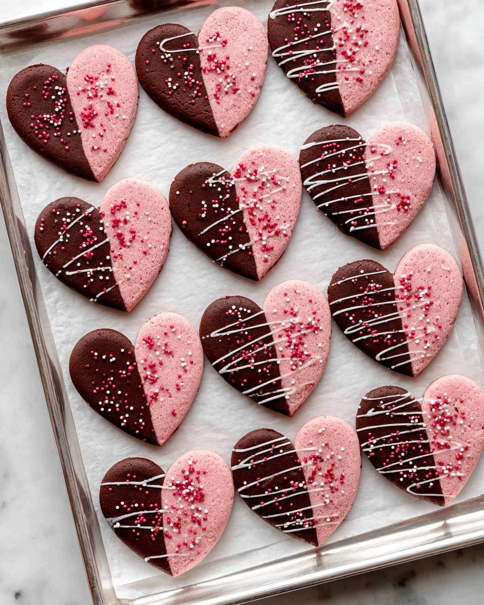 The image shows a tray with eleven heart-shaped cookies arranged in rows on a white parchment paper. Each cookie is half pink and half dark chocolate brown, with the chocolate side decorated with thin white icing lines zigzagging across it. Some cookies have small red sprinkles scattered on the chocolate part. The tray is silver and placed on a white marbled surface. photo taken with an iphone --ar 4:5 --v 7